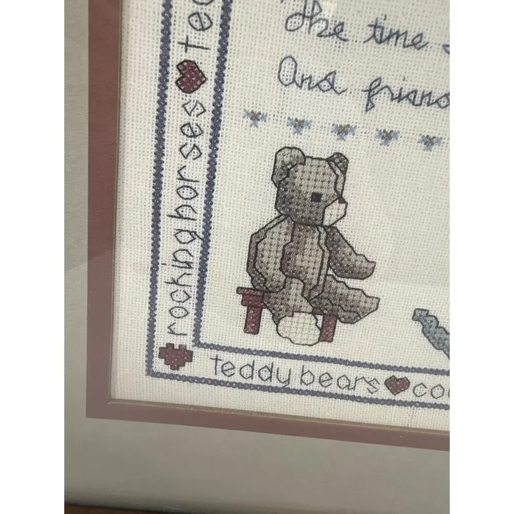 Hand Stitched Country Sampler Framed Cross Stitch Teddy Bear Rocking Horse Geese